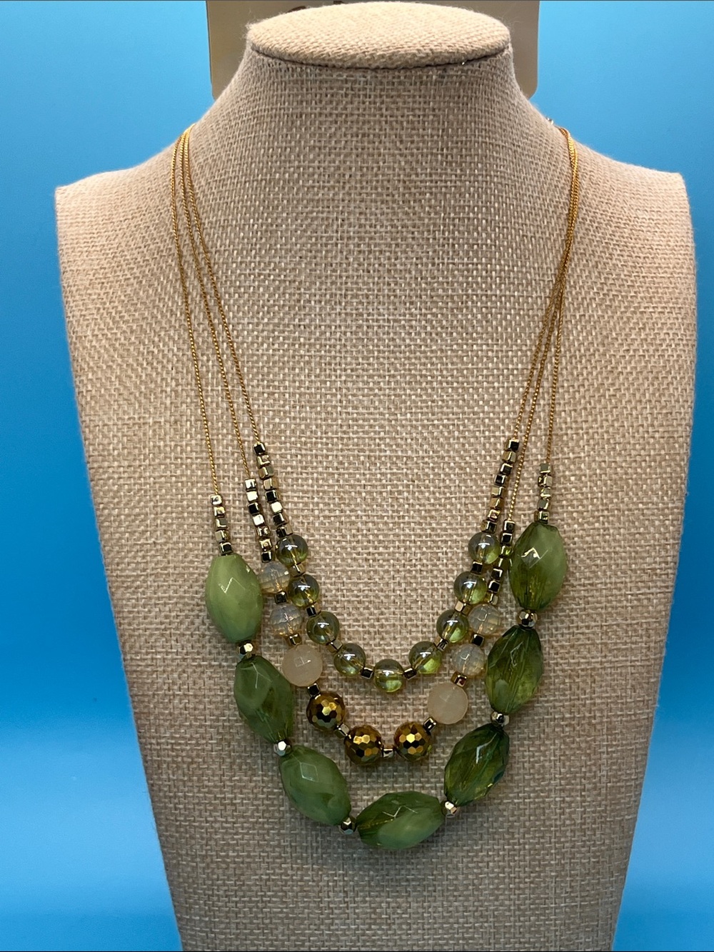 Erica Lyons Multi-Strand Green Bead & Gold Accent Necklace